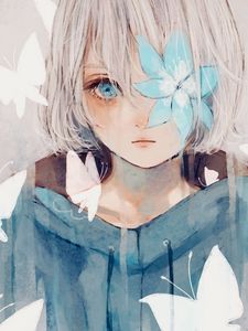 Preview wallpaper girl, flower, butterflies, anime, art