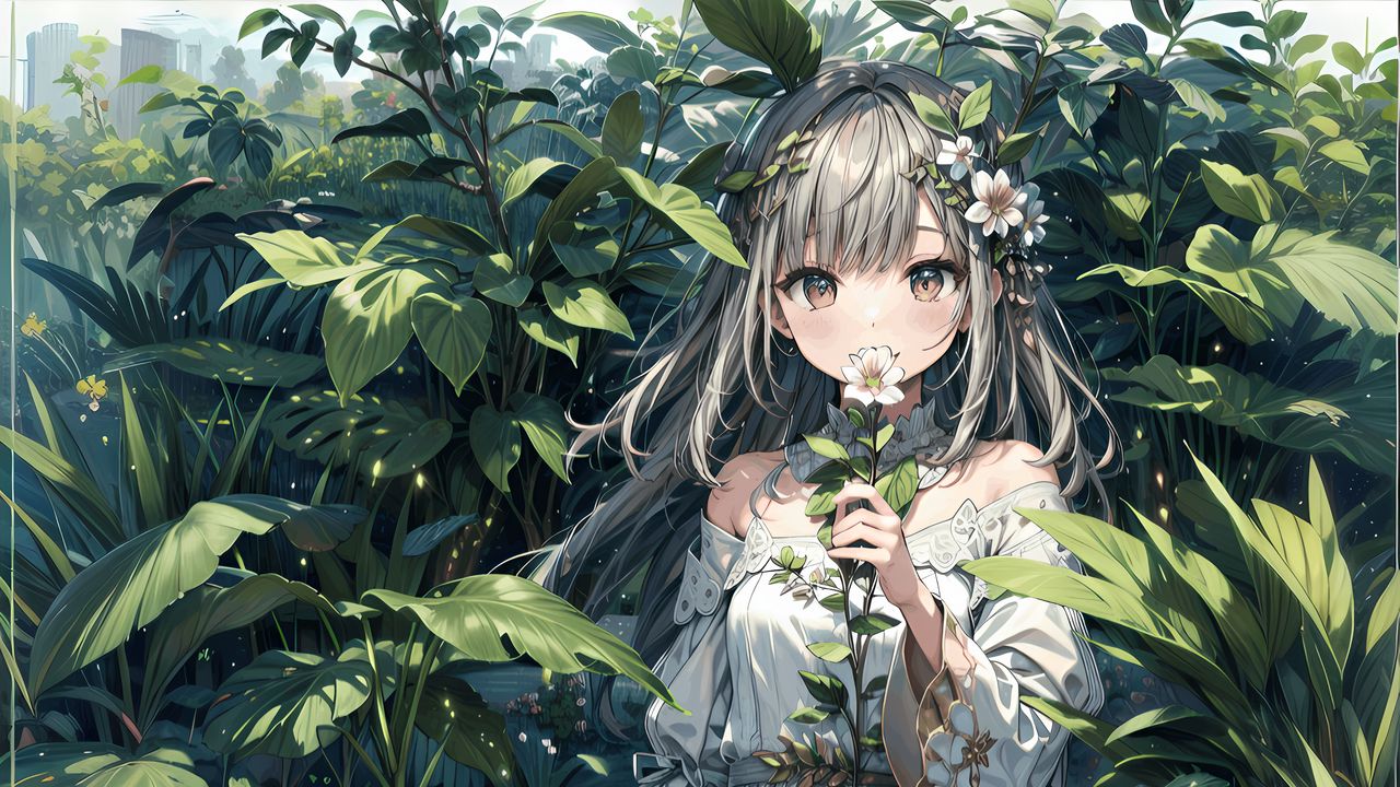 Wallpaper girl, flower, dress, leaves, anime, art