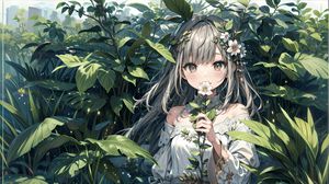 Preview wallpaper girl, flower, dress, leaves, anime, art