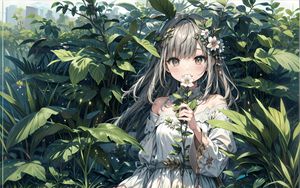 Preview wallpaper girl, flower, dress, leaves, anime, art