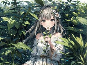 Preview wallpaper girl, flower, dress, leaves, anime, art