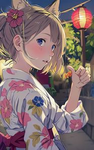 Preview wallpaper girl, flower, ears, kimono, gesture, anime