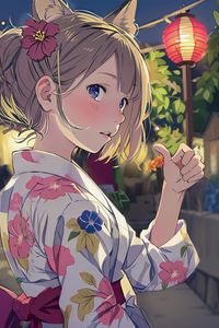 Preview wallpaper girl, flower, ears, kimono, gesture, anime