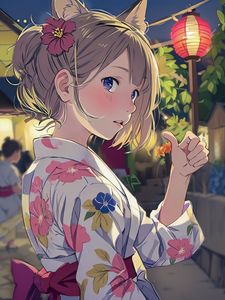 Preview wallpaper girl, flower, ears, kimono, gesture, anime