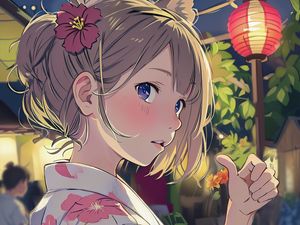 Preview wallpaper girl, flower, ears, kimono, gesture, anime