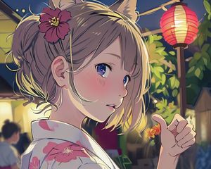 Preview wallpaper girl, flower, ears, kimono, gesture, anime