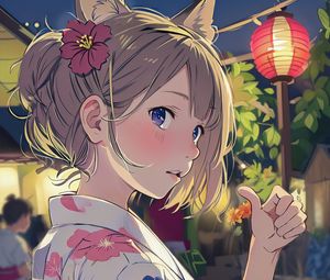 Preview wallpaper girl, flower, ears, kimono, gesture, anime