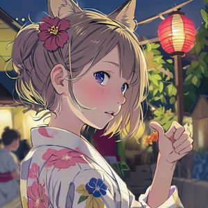 Preview wallpaper girl, flower, ears, kimono, gesture, anime