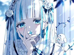 Preview wallpaper girl, flower, glance, anime, art, blue