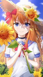 Preview wallpaper girl, flower, sunflower, summer, anime, art