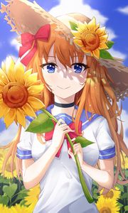 Preview wallpaper girl, flower, sunflower, summer, anime, art