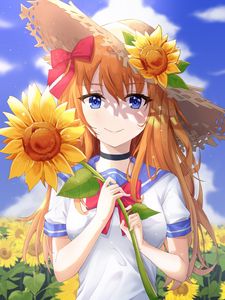 Preview wallpaper girl, flower, sunflower, summer, anime, art