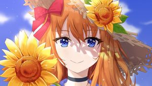 Preview wallpaper girl, flower, sunflower, summer, anime, art