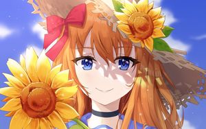 Preview wallpaper girl, flower, sunflower, summer, anime, art