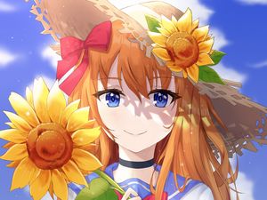 Preview wallpaper girl, flower, sunflower, summer, anime, art