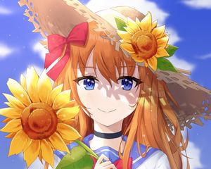 Preview wallpaper girl, flower, sunflower, summer, anime, art