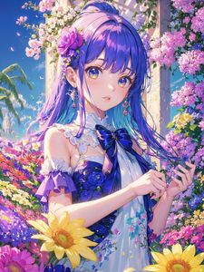 Preview wallpaper girl, flowers, anime, colorful, art