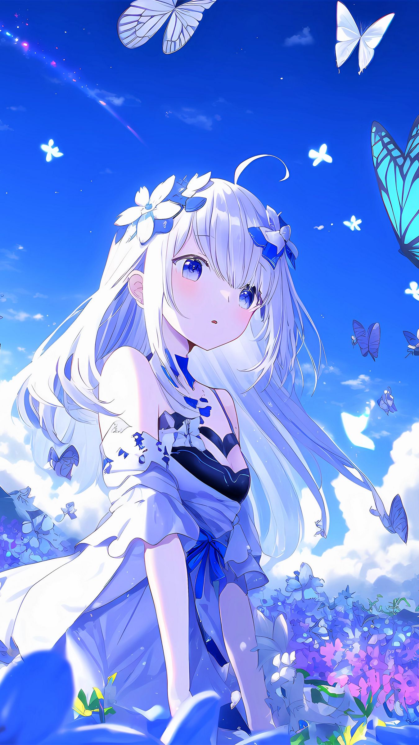 download-wallpaper-1350x2400-girl-flowers-anime-butterflies-blue