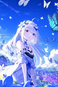 Preview wallpaper girl, flowers, anime, butterflies, blue