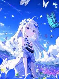 Preview wallpaper girl, flowers, anime, butterflies, blue