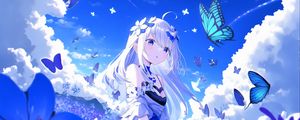 Preview wallpaper girl, flowers, anime, butterflies, blue