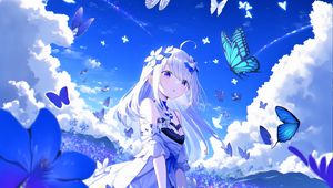 Preview wallpaper girl, flowers, anime, butterflies, blue