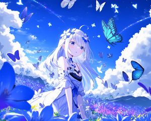 Preview wallpaper girl, flowers, anime, butterflies, blue