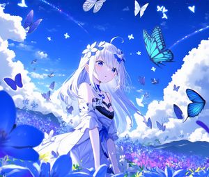 Preview wallpaper girl, flowers, anime, butterflies, blue