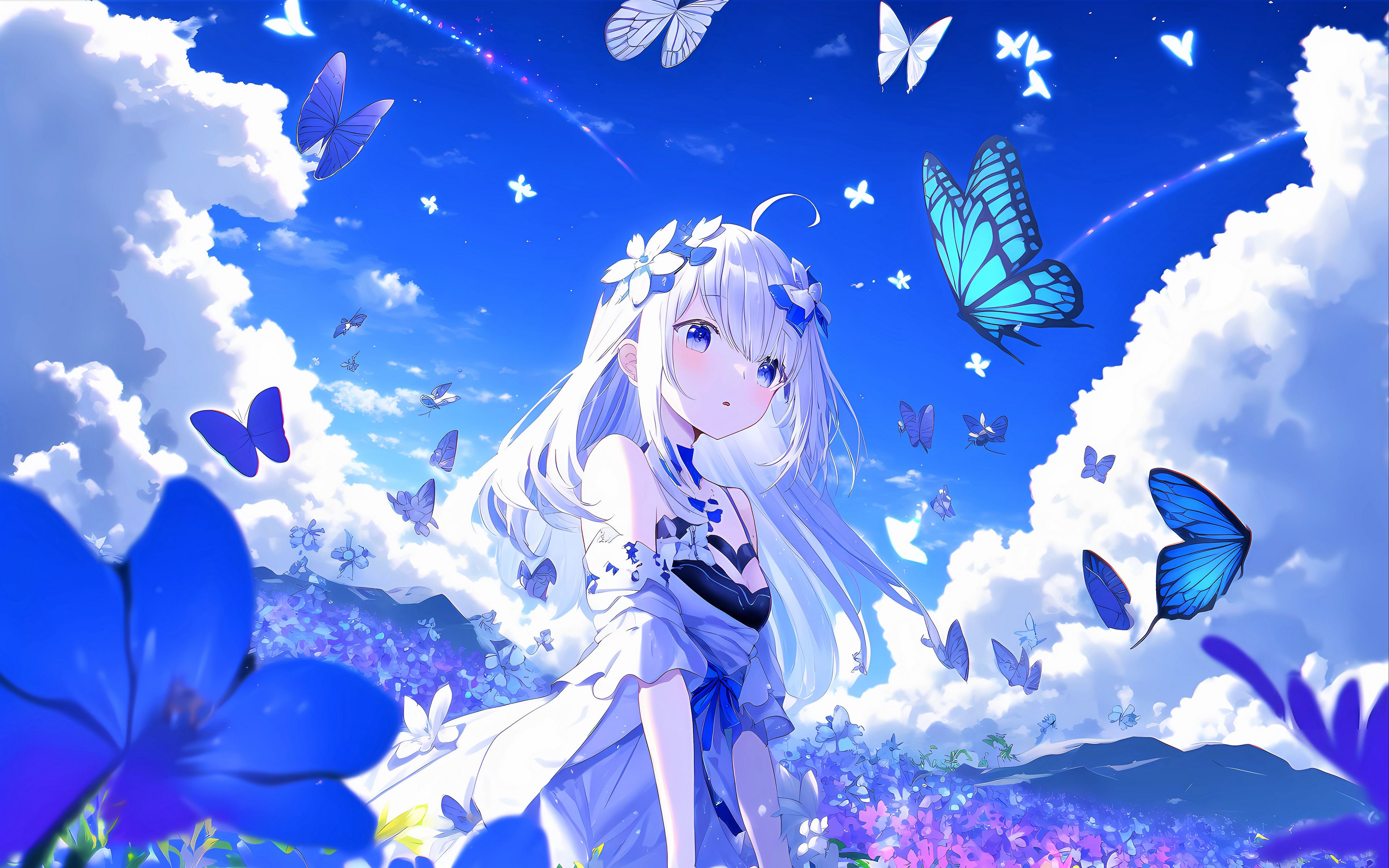 Download wallpaper 3840x2400 girl, flowers, anime, butterflies, blue 4k ...