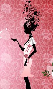 Preview wallpaper girl, flowers, bird, dress, silhouette