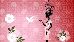 Preview wallpaper girl, flowers, bird, dress, silhouette