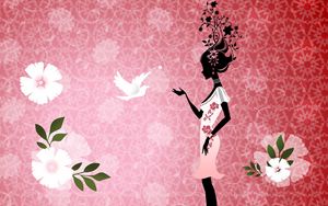 Preview wallpaper girl, flowers, bird, dress, silhouette