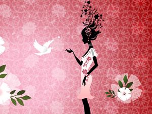 Preview wallpaper girl, flowers, bird, dress, silhouette