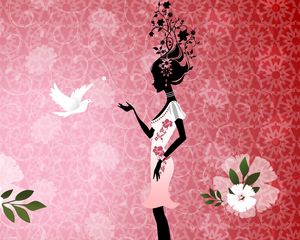 Preview wallpaper girl, flowers, bird, dress, silhouette