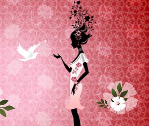 Preview wallpaper girl, flowers, bird, dress, silhouette