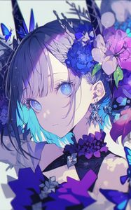 Preview wallpaper girl, flowers, blue, anime, art