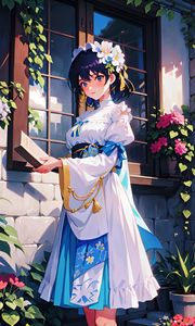 Preview wallpaper girl, flowers, book, anime, dress