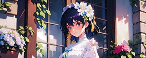 Preview wallpaper girl, flowers, book, anime, dress