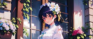 Preview wallpaper girl, flowers, book, anime, dress