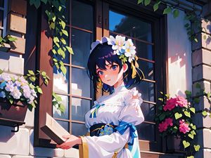 Preview wallpaper girl, flowers, book, anime, dress
