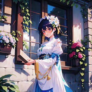 Preview wallpaper girl, flowers, book, anime, dress