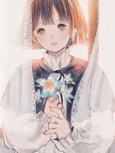Preview wallpaper girl, flowers, bouquet, anime, art