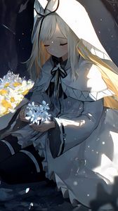 Preview wallpaper girl, flowers, bouquet, hood, anime