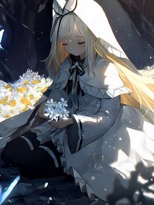 Preview wallpaper girl, flowers, bouquet, hood, anime