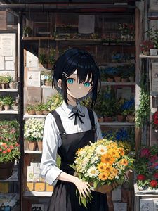 Preview wallpaper girl, flowers, bouquet, anime