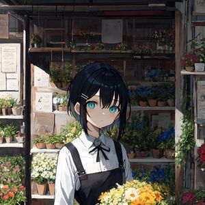 Preview wallpaper girl, flowers, bouquet, anime