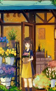 Preview wallpaper girl, flowers, bouquets, anime, art