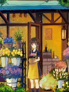 Preview wallpaper girl, flowers, bouquets, anime, art