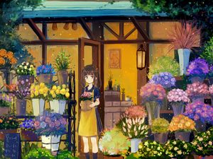 Preview wallpaper girl, flowers, bouquets, anime, art