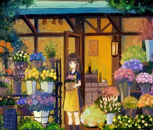 Preview wallpaper girl, flowers, bouquets, anime, art